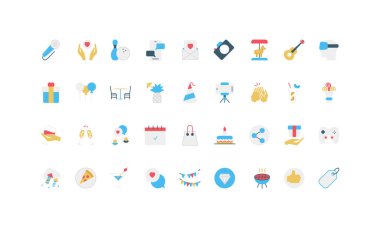 Doğum günü partisi ve eğlence organizasyonu, yıldönümü kutlaması renk ikonu seti. İnsanlar sürpriz hediyeler ve doğum günü pastası, balonlar ve havai fişek düz vektör illüstrasyonuyla kutluyor.