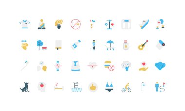 Sağlıklı yaşam için sağlıklı alışkanlıklar, sağlıklı vücut ve akıl, yaşam dengesi ve yoga renk ikonu seti. Fiziksel egzersizler ve beslenme, uyku ve ağırlık kontrolü, meditasyon ve minnettarlık düz vektör çizimi