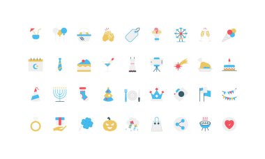 Bayramlar, organizasyon ve dekorasyon, yemek ve havai fişek renk ikonu seti. Ulusal ve geleneksel dini bayramların kutlama planlaması, eğlence dairesi çizimi