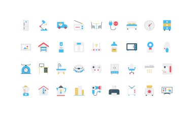 Mutfak ve temizlik için ev aletleri, mobilya rengi ikonu seti. Kahve makinesi ve buzdolabı, mikrodalga ve lamba, tost makinesi, saç kurutma makinesi düz vektör illüstrasyonlu elektrikli aletler koleksiyonu