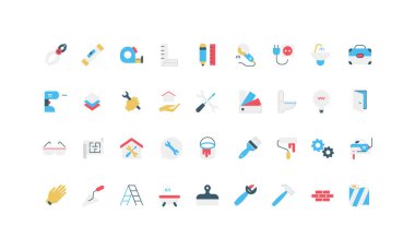 Ev onarım ve iyileştirme servisi, inşaatçılar ve araçlar, aletler, inşaat projesi renk ikonu seti. Mühendis ve işçi el işi alet çantası, ev yenileme ekipmanları düz vektör çizimi