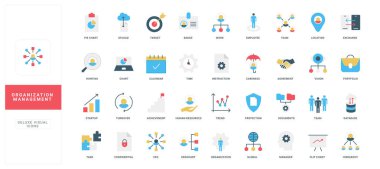 Ticari yapı, iş akışı, liderlik ve veri kavramlarını kapsayan etiketli başlıklara sahip düz stil organizasyon yönetim simgeleri koleksiyonu izole edilmiş vektör illüstrasyonları