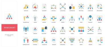 İşletme rolleri, takım çalışması, yönetim, iş akışı ve hiyerarşi kavramlarını gösteren düz stil şema simgeleri, her biri iş başlıkları izole vektör illüstrasyonu ile etiketlenmiş