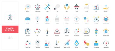 Elektrik, yenilenebilir kaynaklar, bilim ve teknoloji kavramlarının yer aldığı düz stil güç ve enerji simgelerinin toplanması, her biri kolay tanımlama için izole edilmiş vektör ilüstrasyonunda etiketlenmiştir.