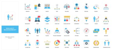 Proje yönetimi kavramlarını temsil eden renkli düz simgeler, plan, takım çalışması, analiz ve organizasyon, iş akışı, iş akışı ve üretkenlik temaları izole edilmiş vektör illüstrasyonları için kullanışlı