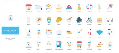 Yemek, içecek, aşçılık, konukseverlik ve menü tasarım projeleri izole edilmiş vektör çizimleri için yemek, aşçılık, dağıtım ve yemek öğeleri içeren modern daire tarzı restoran simgeleri