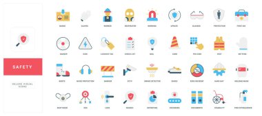 İş yeri risklerini, kişisel koruyucu ekipmanları, acil müdahale ve mesleki sağlık izole vektör ilüstrasyonuna yönelik güvenlik tedbirlerini kapsayan kapsamlı düz stil güvenlik simgeleri