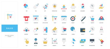Alışveriş, analitik, finans, pazarlama ve iş ve dijital ticaret için dış ticaret kavramları da dahil olmak üzere renkli düz stil satış simgeleri izole edilmiş vektör çizimi