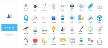 Teknoloji, araştırma, eğitim, kimya, biyoloji ve yenilik içeren kapsamlı düz stil bilim simgeleri izole edilmiş vektör illüstrasyonları