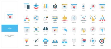 Analitik, içerik, ağ, sıralama, ayarlar ve izole edilmiş vektör illüstrasyonunu içeren düz stil SEO simgelerinin koleksiyonu