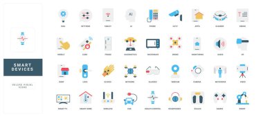 Teknoloji, yenilik ve bağlantı izole edilmiş vektör illüstrasyonları için düz stil akıllı aygıt ikonlarının toplanması, ev otomasyonu, yapay zeka ve dijital araçlar