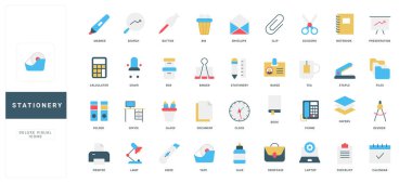 Ofis malzemeleri, yazma araçları, klasörler ve her biri kolay tanımlama için başlıklarla etiketlenmiş cihazlar içeren renkli düz stil kırtasiye simgeleri