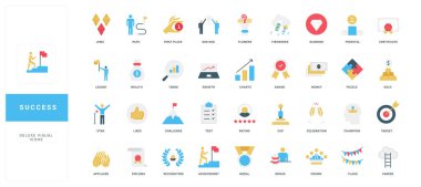 Başarıyı, başarıyı, liderliği, ödülleri ve motivasyonu temsil eden düz stil simgelerinin toplanması, iş, kariyer ve kişisel büyüme temaları için ideal izole edilmiş vektör çizimi