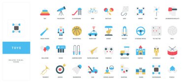Çocuklar için çeşitli düz oyuncak simgeleri, araçlar, oyunlar, spor, müzik ve yaratıcı oyun nesneleri ve izole edilmiş vektör illüstrasyonunu öğrenme