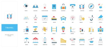 Bavul, ulaşım, konaklama, etkinlik ve turizm, tatil ve macera konseptlerinin yer aldığı modern daire tarzı seyahat simgeleri izole edilmiş vektör ilüstrasyonları
