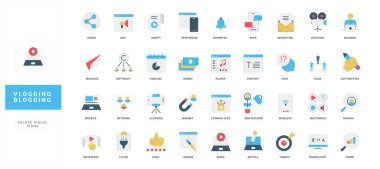Vlog yazma, blog yazma, sosyal medya, içerik oluşturma, pazarlama ve dijital iletişimi temsil eden modern düz biçim simgeleri, çevrimiçi medya yaratıcı projeleri izole edilmiş vektör çizimi için mükemmel