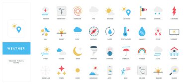 Sıcaklık, yağmur, rüzgar, güneş, fırtına ve iklim elemanlarının yer aldığı modern düz hava ikonları koleksiyonu, her biri kolay tanımlama için izole edilmiş vektör ilüstrasyonunun açık başlıklarla etiketlenmiştir