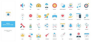 Düz biçim web uygulama simgeleri seti dijital projeler izole edilmiş vektör illüstrasyonu için teknoloji, iletişim, bulut, kodlama ve kullanıcı arayüzü unsurlarını içerir