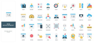 Teknoloji ve internet projeleri izole edilmiş vektör illüstrasyonları için kodlama, tasarım, güvenlik, analitik ve dijital araçları kapsayan başlıklarla modern düz web geliştirme simgeleri belirlendi