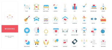 Yüzükler, pasta, elbise, hediyeler, seyahat ve evlilik, tören ve izole edilmiş vektör illüstrasyonları için kutlama objeleri içeren renkli düz stil düğün simgeleri