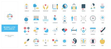 Çalışma yaşam dengesini, verimliliği, refahı, zaman yönetimini ve sağlıklı yaşam tarzı kavramlarını temsil eden modern düz biçim simgeleri, dengeli yaşayan izole edilmiş vektör resimlemesini görselleştirmek için mükemmeldir.