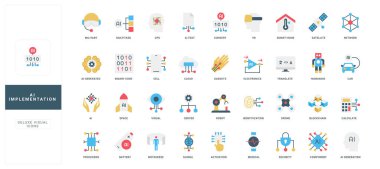 Robotik, bulut, güvenlik, engelleme zinciri, akıllı ev ve dijital yenilik, teknoloji ve yapay zeka konuları için uygun, modern düz stil yapay zeka uygulama simgeleri