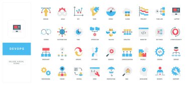 Çevik, bulut, kodlama, güvenlik, proje yönetimi ve bilişim iş akışı illüstrasyonlarını kapsayan etiketli başlıklarla kapsamlı düz biçim DevOps simgesi seti