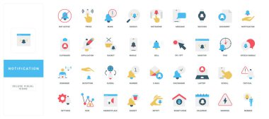 Kullanıcı arayüzü ve web tasarımı izole edilmiş vektör çizimi için uyarılar, hatırlatıcılar, iletiler ve dijital iletişim sembolleri içeren modern düz biçim bildirim simgeleri koleksiyonu