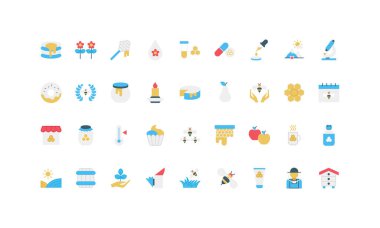 Arı kovanının bal üretimi ve arı kovanı, arıcılık ve arı yetiştiriciliği, arıcı renk ikonu seti. Çay ve pasta için bal, vitamin hapları ve kozmetik ürünler, kaliteli araştırma düz vektör çizimi