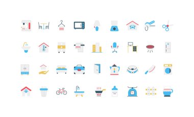 Ev aletleri ve mobilyalar, mutfak ve bahçe aletleri renk ikonu seti. Ev daireleri, çamaşır makinesi ve fırın, mikrodalga fırın ve elektrikli süpürge düz vektör çizimi için aygıtlar