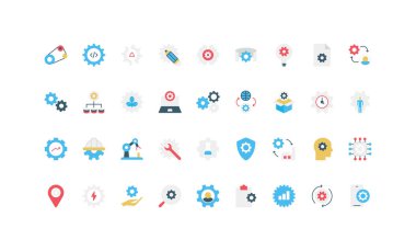 Mühendislik ve endüstriyel süreç, fabrika işletim verimliliği, sistem renk ikonu seti. Tamir ve bakım dişlileri, makineler ve yapay zeka modifikasyonu düz vektör çizimi