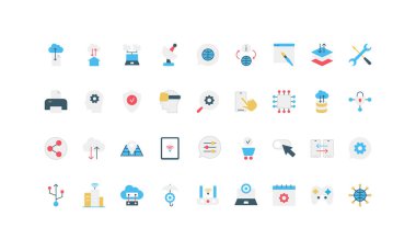 Bilgi teknolojisi ve mühendisliği, internet iletişimi, donanım, siber güvenlik renk simgesi seti. Verileri yükle ve paylaş, dönüştür ve koru, ağ düz vektör ilüstrasyonuna bağlan