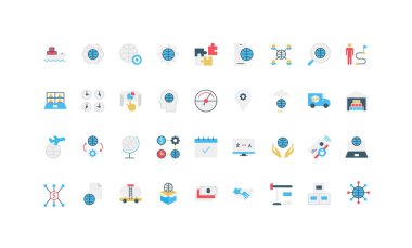 Küresel iş, lojistik, takım çalışması, finans ve iletişimi temsil eden modern daire simgeleri uluslararası iş vektörü illüstrasyonunda sunumlar, web siteleri ve bilgi grafikleri için mükemmeldir.