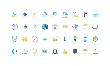 İslami semboller, ibadet, cami, hilal ay, oruç ve kültür unsurlarının yer aldığı minimalist daire simgeleri eğitim, web veya dini içerik illüstrasyonları