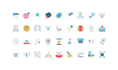 Spor, oyunlar, sanat ve açık hava eğlencesi de dahil olmak üzere çeşitli çocuk aktivitelerini temsil eden renkli daire simgeleri eğitim, eğlence ve etkinlik tasarım projeleri çizimi için mükemmeldir.