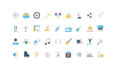 Enstrümanlar, notalar, ses aygıtları dahil renkli düz müzik simgeleri ve uygulamalar, web siteleri ve izole edilmiş vektör illüstrasyonları için mükemmel kontroller