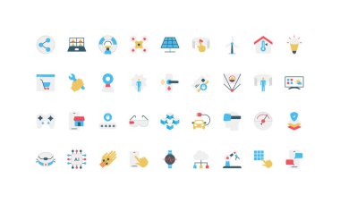 Yeni teknolojiyi, yeniliği, akıllı cihazları, yapay zekayı, otomasyonu ve web, uygulama ve sunumlar için izole edilmiş vektör ilüstrasyonunu temsil eden düz biçim simgeleri