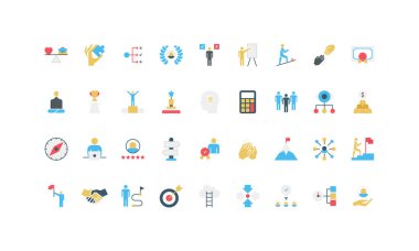 Kişisel büyümeyi, başarıyı, liderliği, motivasyonu, takım çalışmasını ve kendini geliştirme kavramlarını temsil eden basit düz simgelerin toplanması izole edilmiş vektör çizimleri