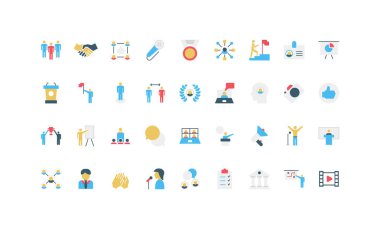 Topluluk önünde konuşma, takım çalışması, liderlik, iletişim, iş sunumları ve izleyici katılımını temsil eden renkli simgeler, basit bir şekilde izole edilmiş vektör ilüstrasyonunda tasarlanmıştır.