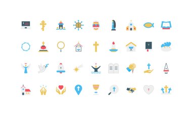 Kilise, haç, İncil, melek, güvercin ve inanç unsurlarını içeren dini eğitim için izole edilmiş vektör ilüstrasyonuna uygun sade bir şekilde Hristiyanlık sembolleri koleksiyonu