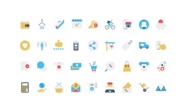 Alışveriş, ödeme, teslimat, perakende ve dijital iş, finans ve e-ticaret izole vektör ilüstrasyonunu temsil eden renkli daire simgeleri