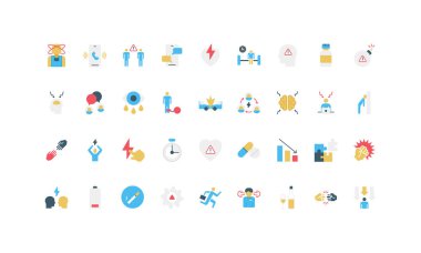 Stres, anksiyete, zihinsel sağlık, duygusal tükenme, yorgunluk ve izole edilmiş vektör illüstrasyonları için ilgili belirtileri gösteren düz stil simgelerinin toplanması