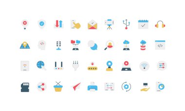 Web işletimini, bulut hesaplamasını, ağ oluşturmayı, veri transferini, iletişimi ve dijital teknoloji kavramlarını temsil eden modern düz simgeler izole edilmiş vektör ilüstrasyonunu temsil eder