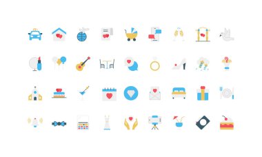 Yüzükler, pasta, hediyeler, tören, aşk ve modern romantik temalar için tasarlanmış kutlamalar da dahil olmak üzere düğün unsurlarını temsil eden minimal düz simgeler izole edilmiş vektör ilülasyonu