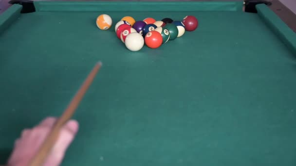 Billiard Balls Placed Triangle Man Starting Game Shooting White Ball — Stock Video