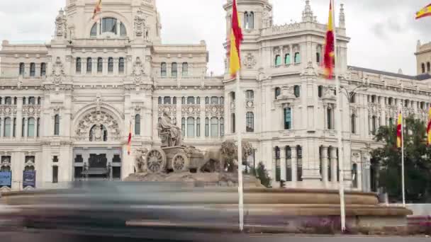 Madrid Španělsko 2023 Timelapse Socha Plaza Cibeles Representation Goddess Same — Stock video