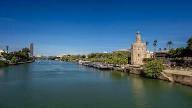 Sevilla, İspanya; 10-24-2024: 16. Alfonso Kanalı veya Guadalquivir havzası Seville 'deki ünlü Torre del Oro' nun yanından geçerken turist botları kenetlenmiştir.
