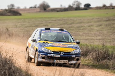 Madrid, İspanya; 02-15-2025: Eski Peugeot 206 ralli arabası toprak ve çakıl pistinde toz kaldırıyor