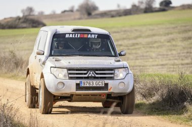Madrid, İspanya; 02-15-2025: Gri Mitsubishi Montero bir off-road rali sahnesinde güç kazandı, engebeli araziyi hassasiyet ve dayanıklılıkla ele alırken tozu tekmeledi