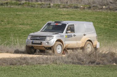 Madrid, İspanya; 02-15-2025: Gri Mitsubishi Montero bir off-road rali sahnesinde güç kazandı, engebeli araziyi hassasiyet ve dayanıklılıkla ele alırken tozu tekmeledi